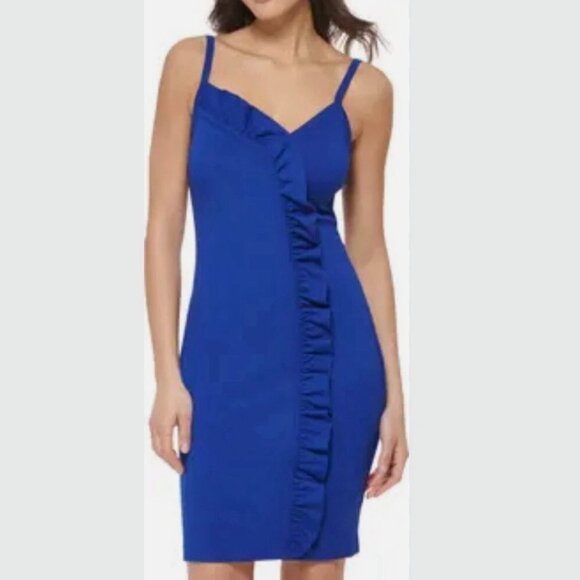 GUESS Ponte Ruffled Sheath Dress 12 Cobalt Blue Bodycon Cocktail Party NEW - Picture 1 of 10